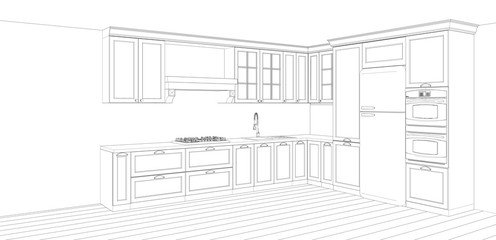 drawing of kitchen interior design, 3d rendering background