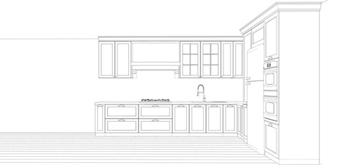 drawing of a kitchen interior design, 3d render