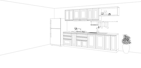 drawing of house, kitchen interior design, 3d rendering