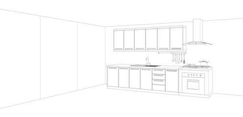 sketch of modern kitchen interior design, 3d rendering