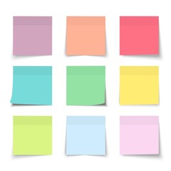 Post note stickers with shadow. Vector color paper sticky memos. Colorful school tags. Label sticker list
