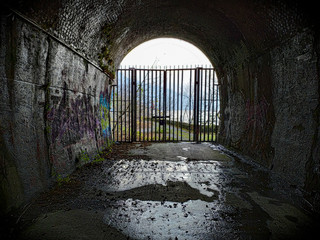 Iron gate at the end of a tunnel