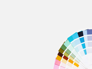 Rainbow color pallette on white background. Designer tool with copy space. Top view, flat lay.