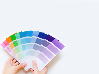 Woman holds rainbow color pallette on white background. Designer tool with copy space. Top view, flat lay.