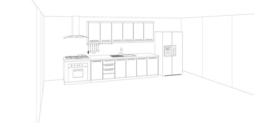 interior design of modern kitchen, sketch drawing, 3d rendering