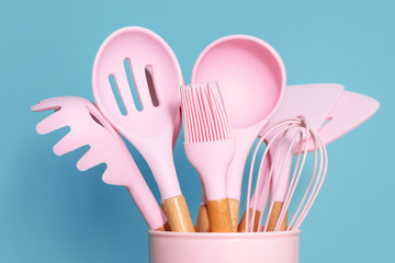 Kitchen utensils background with copyspace, home kitchen decor concept, kitchen tools, rubber...