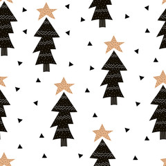 seamless pattern with cartoon christmas trees, stars, decor elements. Festive simple flat vector. hand drawing. design for fabric, print, wrapper