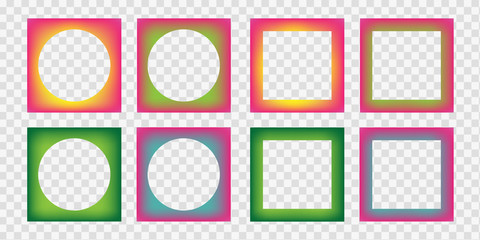 Collection of abstract multicolored frames for social media, photo, banner, card, website. Square gradient borders with round place for picture. Vector illustration