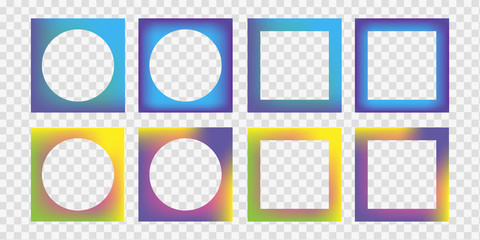 Set of trendy multicolored frames for social media, photo, banner, card, website. Square and round gradient borders. Vector illustration