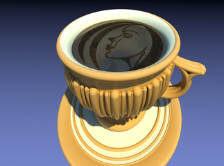 Girl face in the cup of coffee 3D illustration. Three dimensional, perspective view. Collection.