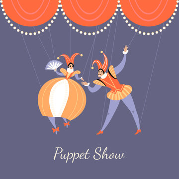 Illustration of a performance in a puppet show. A pair of puppets in traditional Italian theatrical costumes.