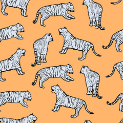 Wild tigers tribal style seamless pattern. Circus or zoo blue and orange wild cats. Exotic safari animals, jungle fauna tileable texture. Creative childish wallpaper, wrapping paper or textile design