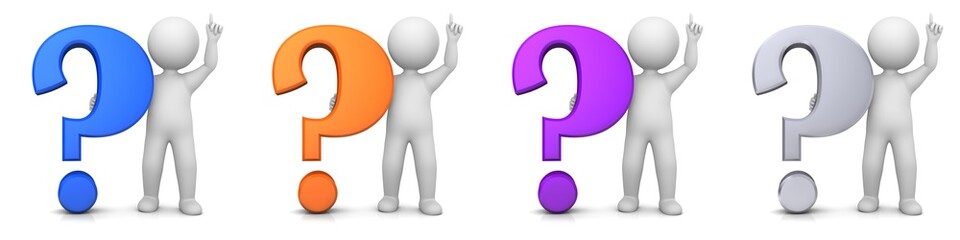 question marks 3d blue orange purple silver interrogation points signs white standing stick man pointing up