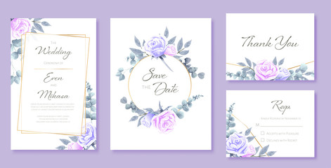Beautiful watercolor set of wedding card templates. Decorated with roses and wild leaves.