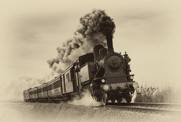 Vintage steam train. Old photo filter applied.
