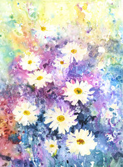 Fototapeta na wymiar Garden daisies. White flowers on a multicolor background. Botanical watercolor illustration on blue violet background for fashion textile design, home decor, background,postcards,garden,summer theme