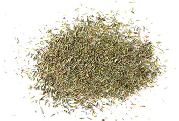 Dry thyme pile isolated on white background, top view 