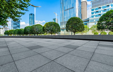cityscape and skyline of nanjing in blue sky from empty floor