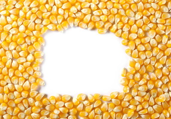 Raw corn kernels for popcorn frame and border isolated on white background, top view