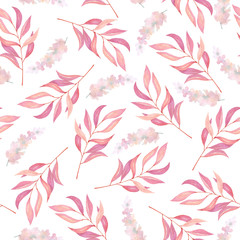 Floral watercolor seamless pattern with flowers and wild herbs, leaves and branches on white background.