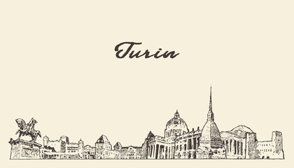 Turin skyline, Italy, hand drawn vector sketch - obrazy, fototapety, plakaty