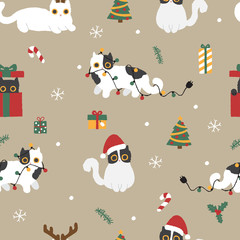 Cute hand drawn cat on Christmas with beige background seamless pattern - 310418309