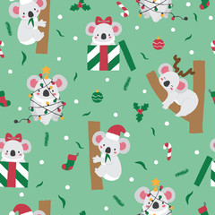 Cute hand drawn koala on Christmas with green background seamless pattern - 310418328