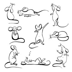 Set of black outline line sketched mouses