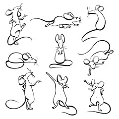 Set of black outline line sketched mouses