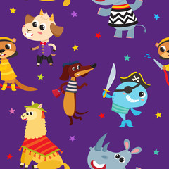 Seamless pattern with cartoon animals in costume isolated on violet.