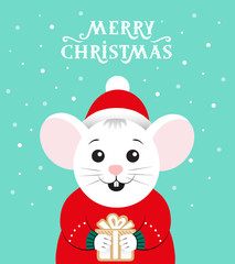 Merry Christmas and happy New year. A white mouse with a red Santa hat is holding a gift. Cute cartoon baby character.  Flat design Hello winter on blue background with snow.