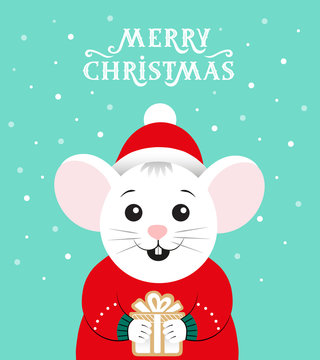 Merry Christmas and happy New year. A white mouse with a red Santa hat is holding a gift. Cute cartoon baby character.  Flat design Hello winter on blue background with snow.