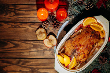Christmas roast duck served on a festive table