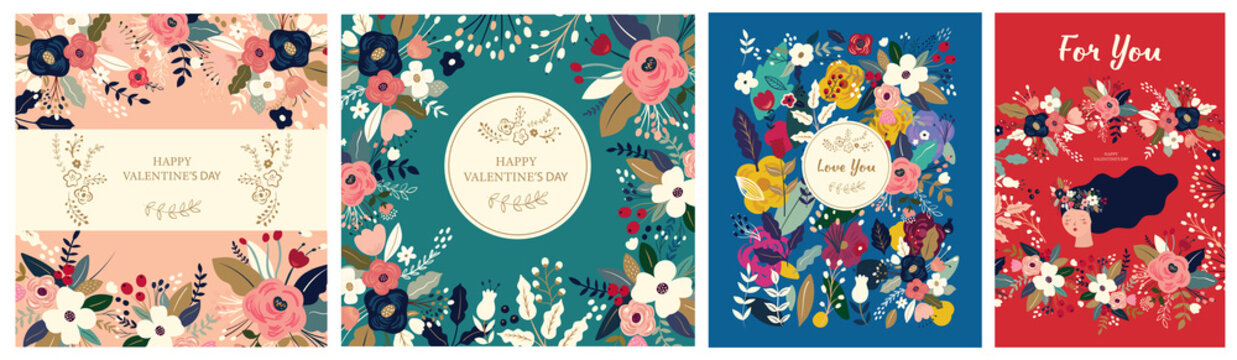 Floral collection of cards, invitations, posters. Valentines Day greetings. Set of Valentines day cards. Vector illustration of girl in love. Flyer, card, banner, brochure