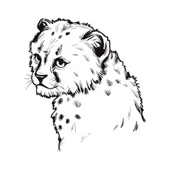 Cheetah baby tabby cat t-shirt print, isolated monochrome design vector, hand drawn illustration. Little cheetah portrait. Northeast asiatic cheetah. Hunting season, wildlife feline portrait