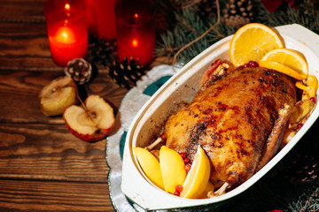 Christmas roast duck served on a festive table