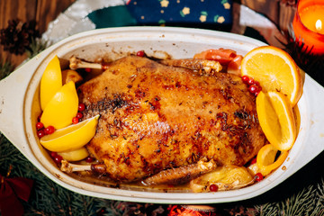 Christmas roast duck served on a festive table