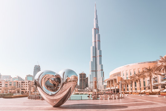 26 November 2019, UAE, Dubai:  The incredible architecture of the tallest skyscraper in the world - the main attraction of Dubai - Burj Khalifa. Travel in Arab Emirates