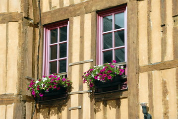 Fototapeta na wymiar Ville de Domfront-en-poiraie, façade fleurie à colombages dans la vieille ville, département de l'Orne, france
