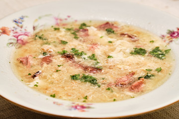 Smoked meat soup with groats