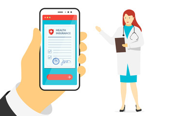 Patient hand holding smartphone with health insurance policy form and female doctor. Online signs agreement protection document on mobile screen. Make deal medicine compensation legal vector contract
