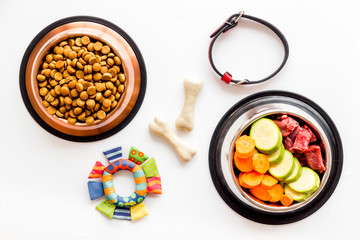 Pet care concept. Dry feed and meat in bowls near collar and bones on white background top view