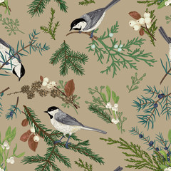 Cotton fabric Floral seamless pattern with birds.