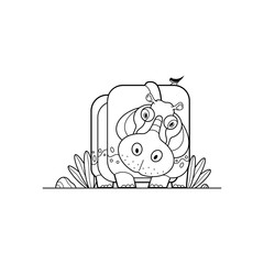 Stylized hippopotamus on outside with little bird, shrubs and stones outline stock vector illustration for coloring book. Outline stylized vector most dangerous hippo isolated on white background. 