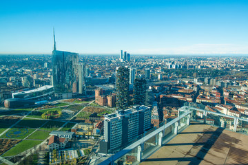 Fototapeta na wymiar Milan cityscape, panoramic view with new skyscrapers in Porta Nuova district. Italian landscape.