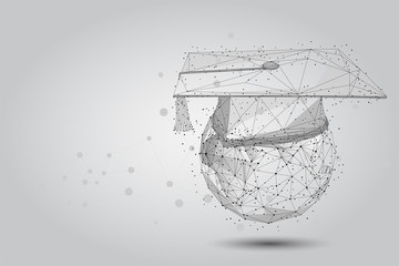 Abstract mash line and point graduation cap on planet Earth. Low poly E-learning distance graduate certificate program concept. Internet education course degree illustration
