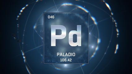3D illustration of Palladium as Element 46 of the Periodic Table. Blue illuminated atom design...