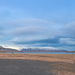Fabulous winter sunrise in the Iceland. Sunrise against the background of mountainous