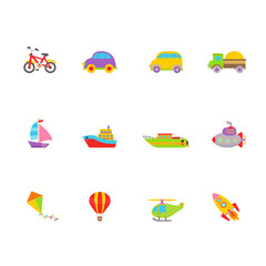 Colorful  toy transport set toys for children.  Vector illustration isolated on white background