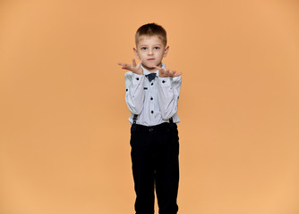 Portrait of a cute boy 10 years old schoolboy on a beige background in trousers and a shirt. Standing right in front of the camera, Shows emotions, talks in different poses.